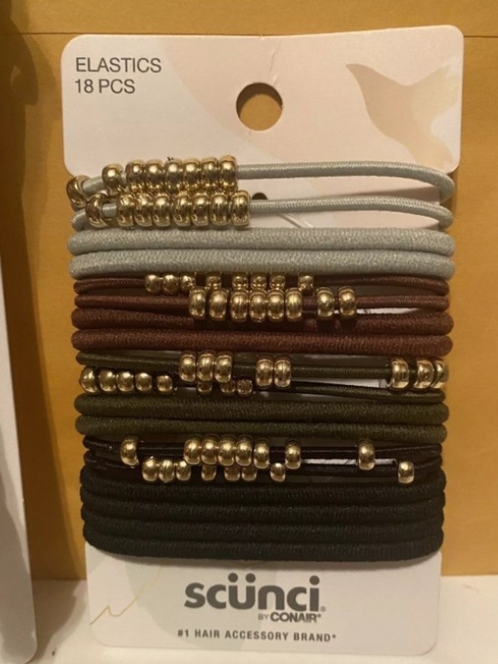 scunci Hair Elastics Pack in Gray, Brown, Green, Black w/ Gold Beads 18 PCS NEW